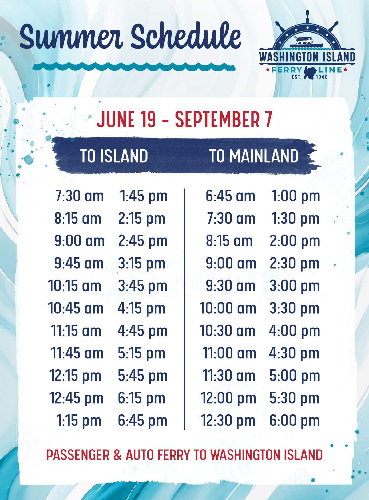 Washington Island Ferry schedule 2026-06-19 - 2026-09-07